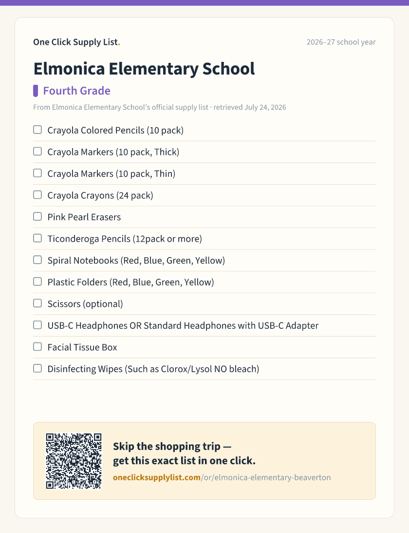 Elmonica Elementary School Fourth Grade supply list — printable image