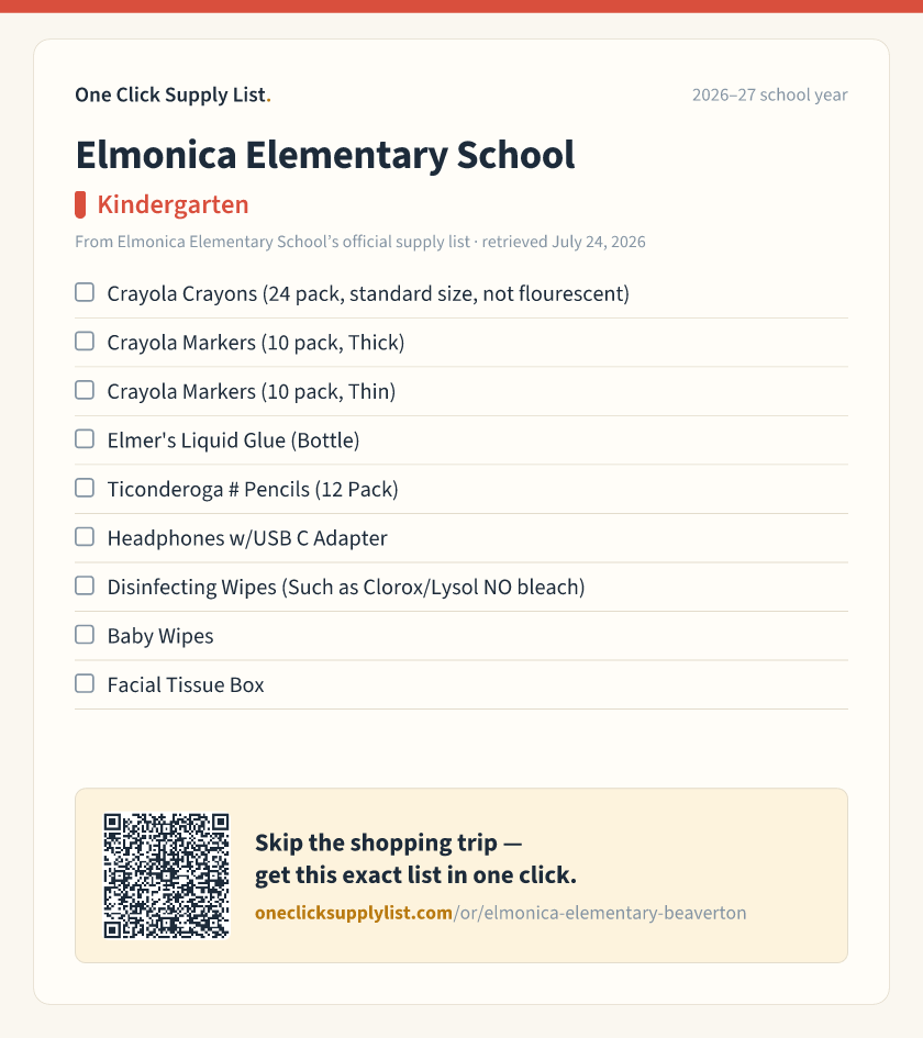 Elmonica Elementary School Kindergarten supply list — printable image
