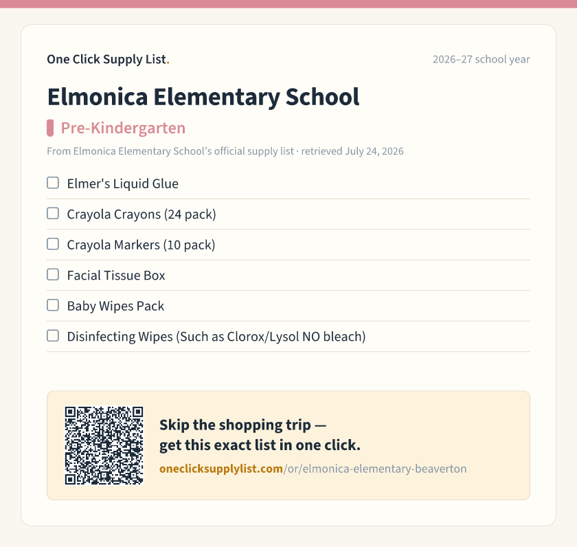 Elmonica Elementary School Pre-Kindergarten supply list — printable image