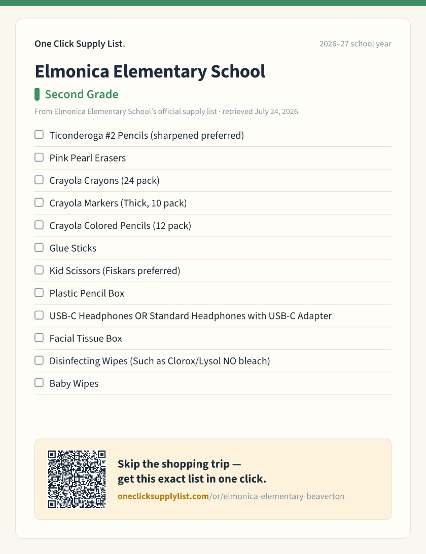 Elmonica Elementary School Second Grade supply list — printable image