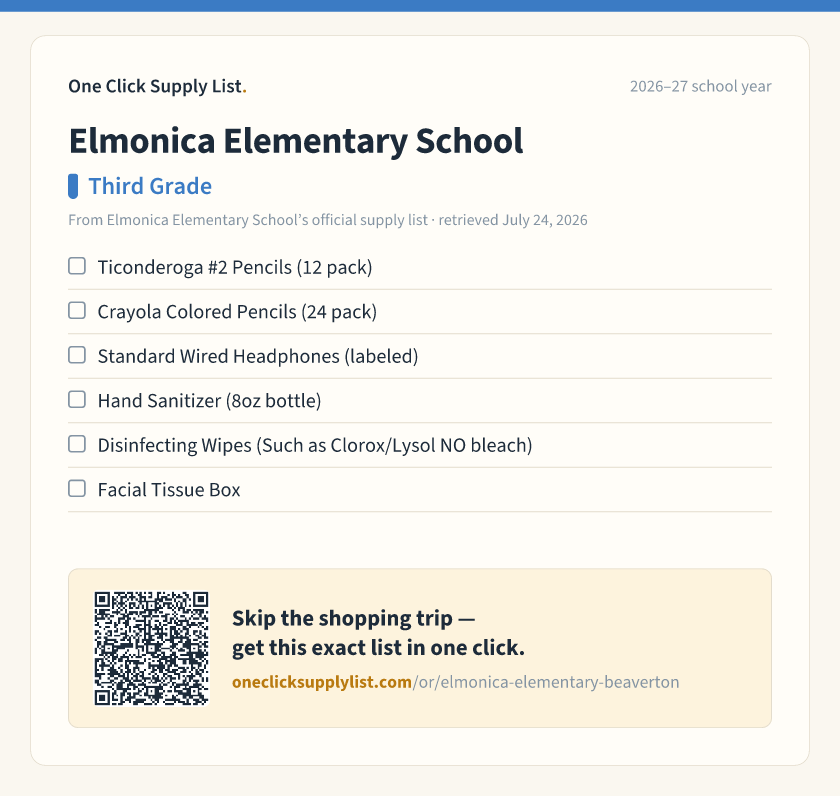 Elmonica Elementary School Third Grade supply list — printable image