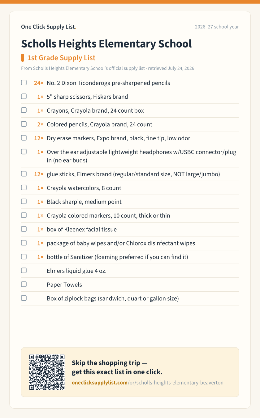 Scholls Heights Elementary School 1st Grade Supply List supply list — printable image