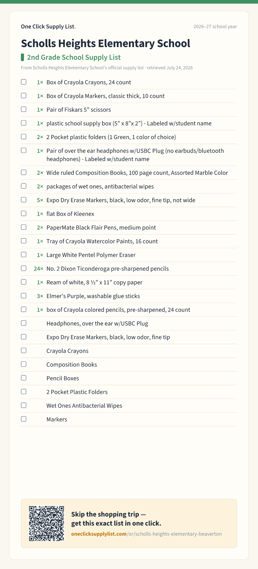 Scholls Heights Elementary School 2nd Grade School Supply List supply list — printable image