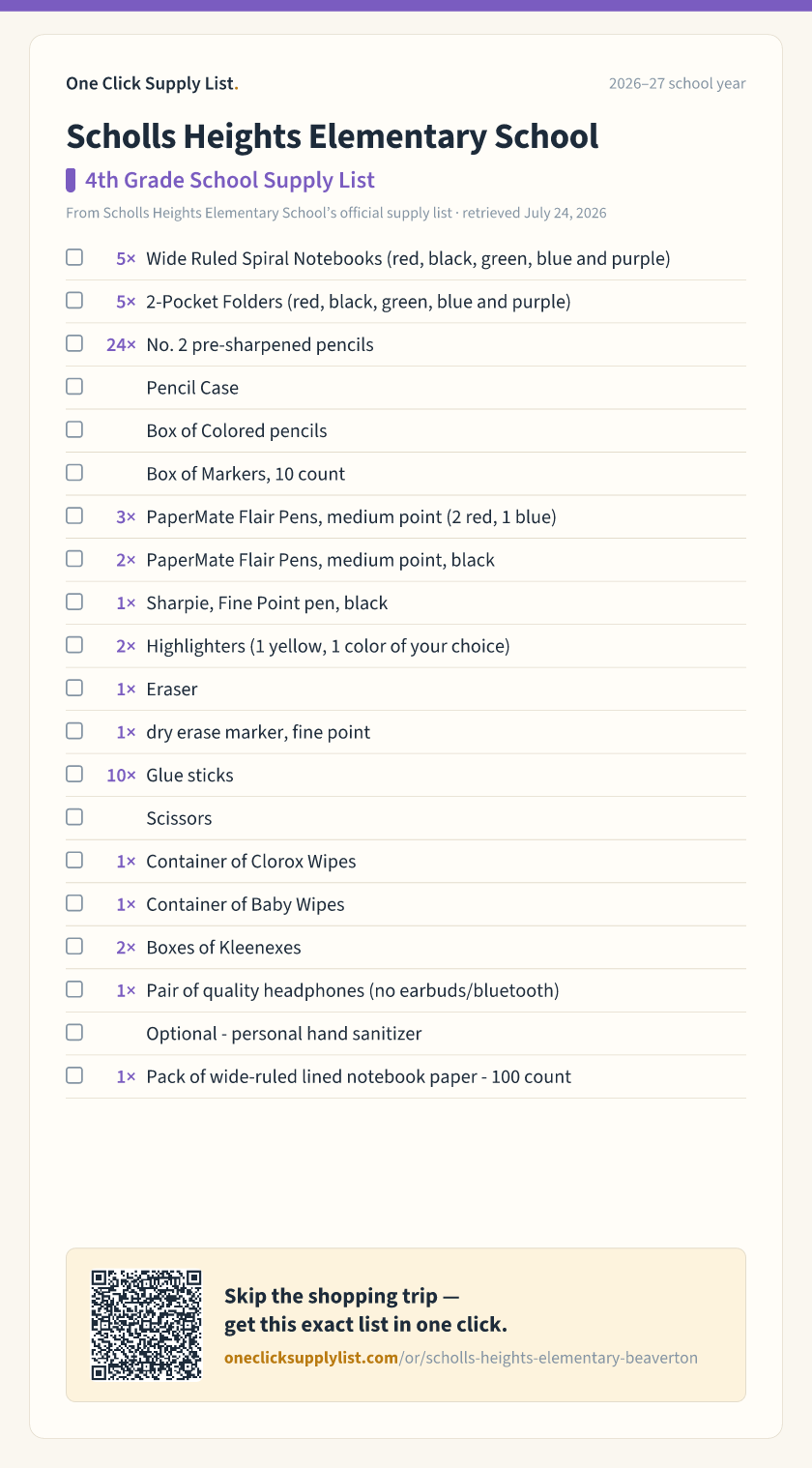 Scholls Heights Elementary School 4th Grade School Supply List supply list — printable image