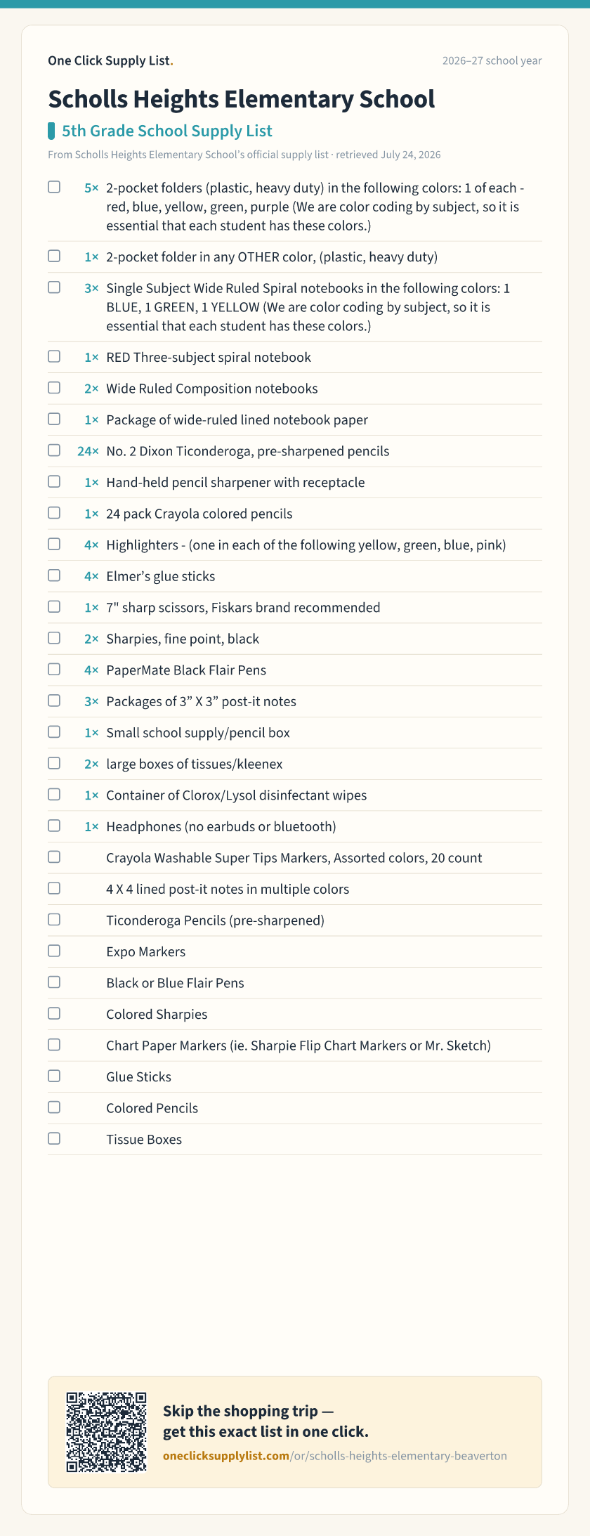 Scholls Heights Elementary School 5th Grade School Supply List supply list — printable image