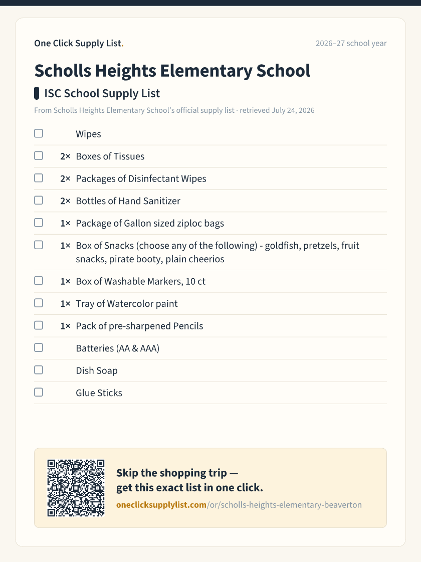 Scholls Heights Elementary School ISC School Supply List supply list — printable image