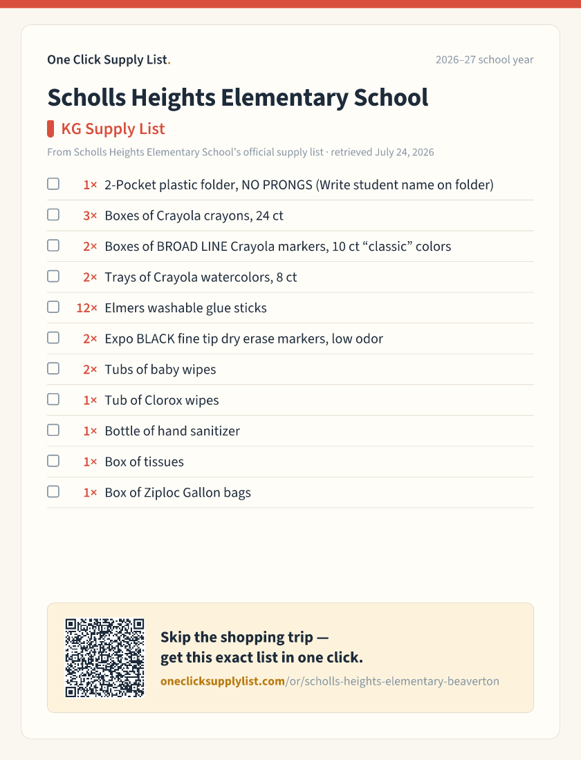 Scholls Heights Elementary School KG Supply List supply list — printable image