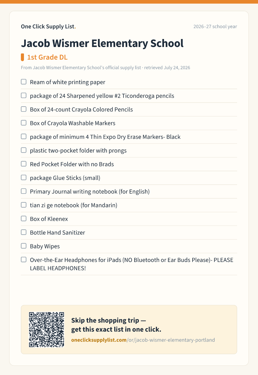 Jacob Wismer Elementary School 1st Grade DL supply list — printable image