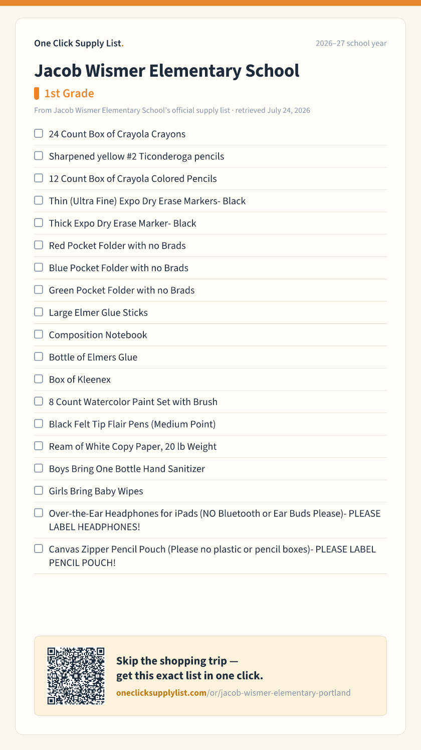 Jacob Wismer Elementary School 1st Grade supply list — printable image