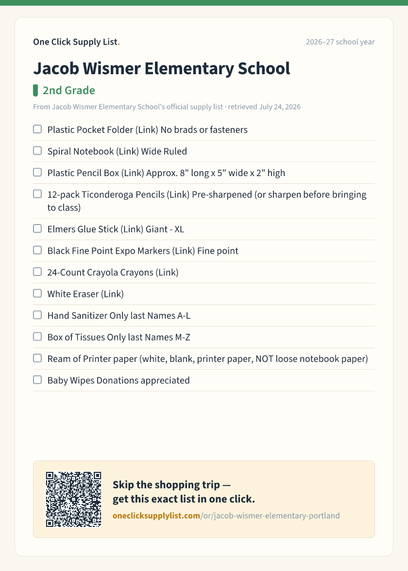 Jacob Wismer Elementary School 2nd Grade supply list — printable image
