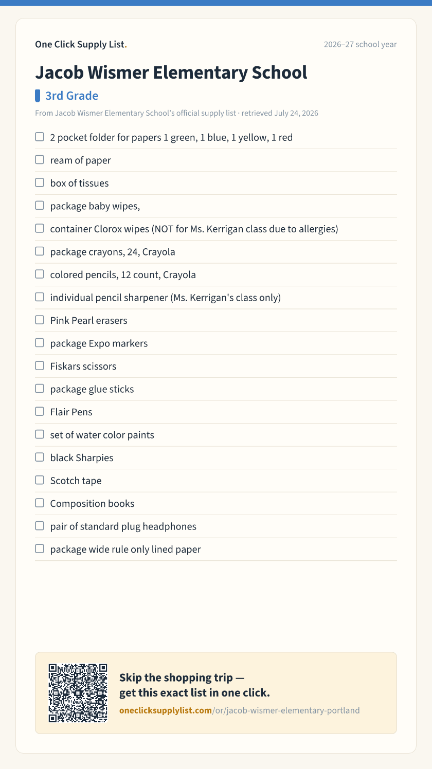 Jacob Wismer Elementary School 3rd Grade supply list — printable image