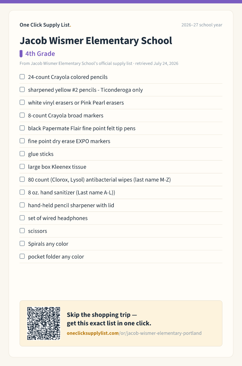 Jacob Wismer Elementary School 4th Grade supply list — printable image