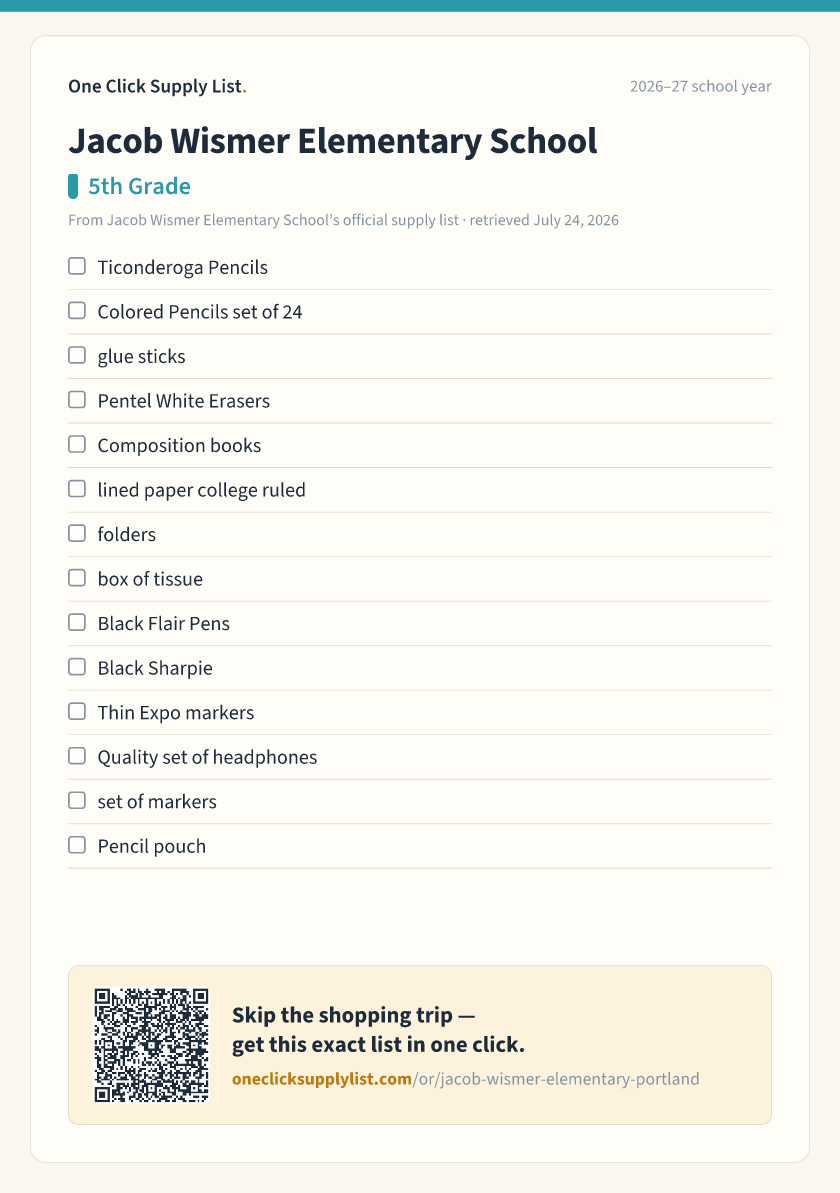 Jacob Wismer Elementary School 5th Grade supply list — printable image