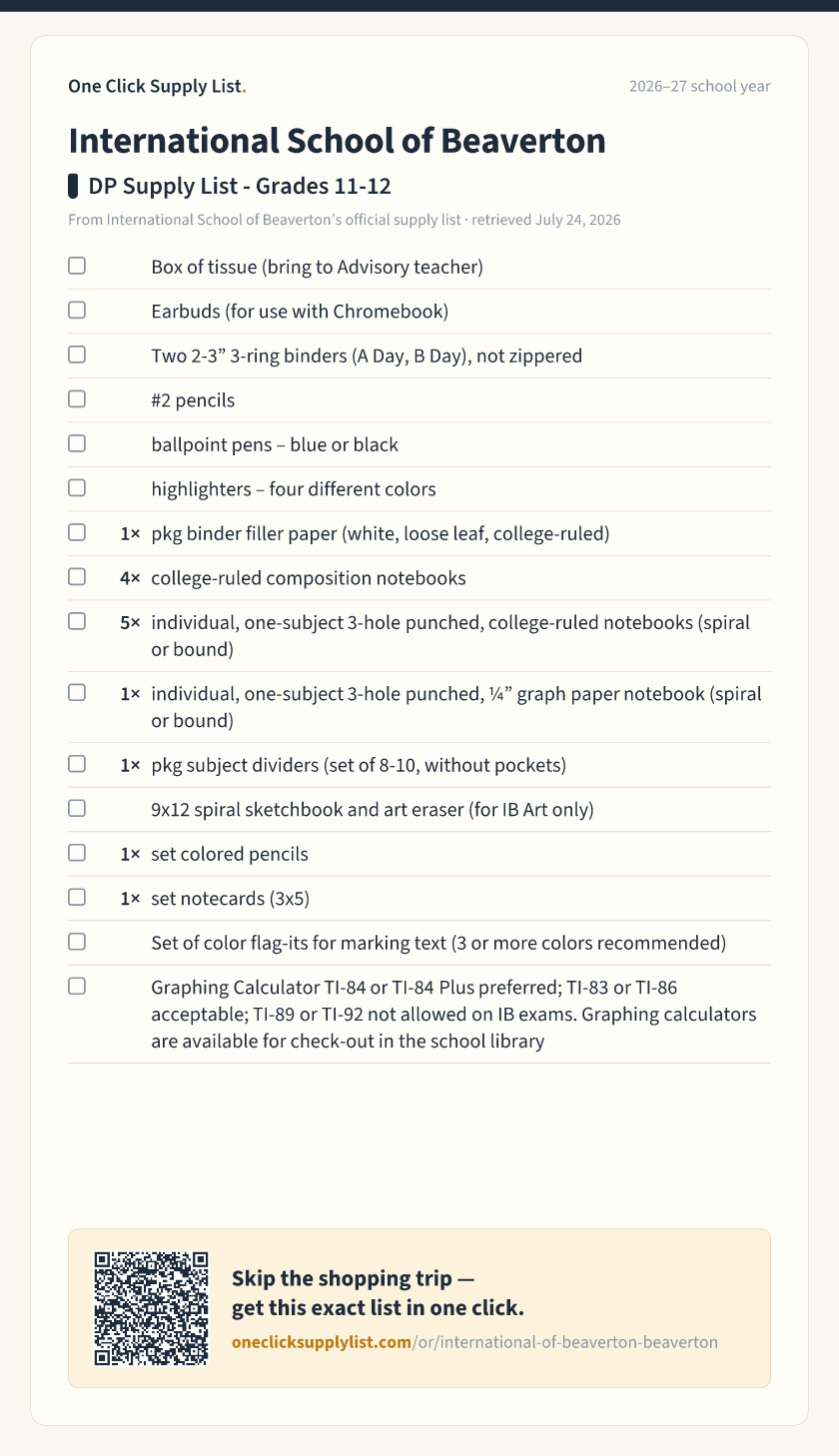 International School of Beaverton DP Supply List - Grades 11-12 supply list — printable image