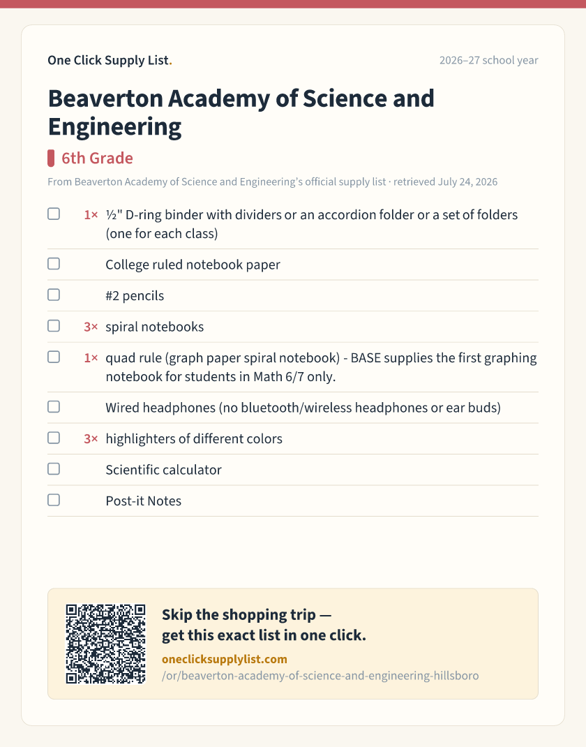 Beaverton Academy of Science and Engineering 6th Grade supply list — printable image