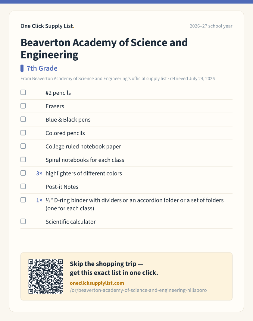 Beaverton Academy of Science and Engineering 7th Grade supply list — printable image