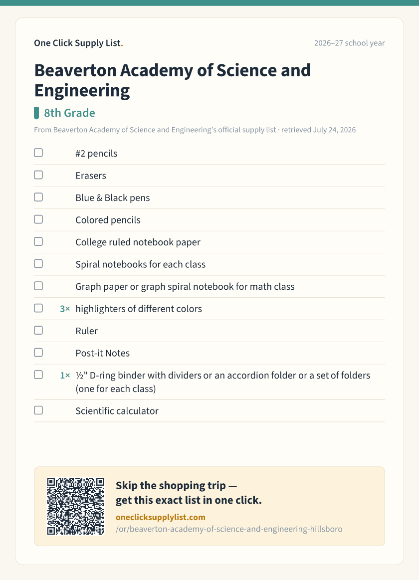 Beaverton Academy of Science and Engineering 8th Grade supply list — printable image