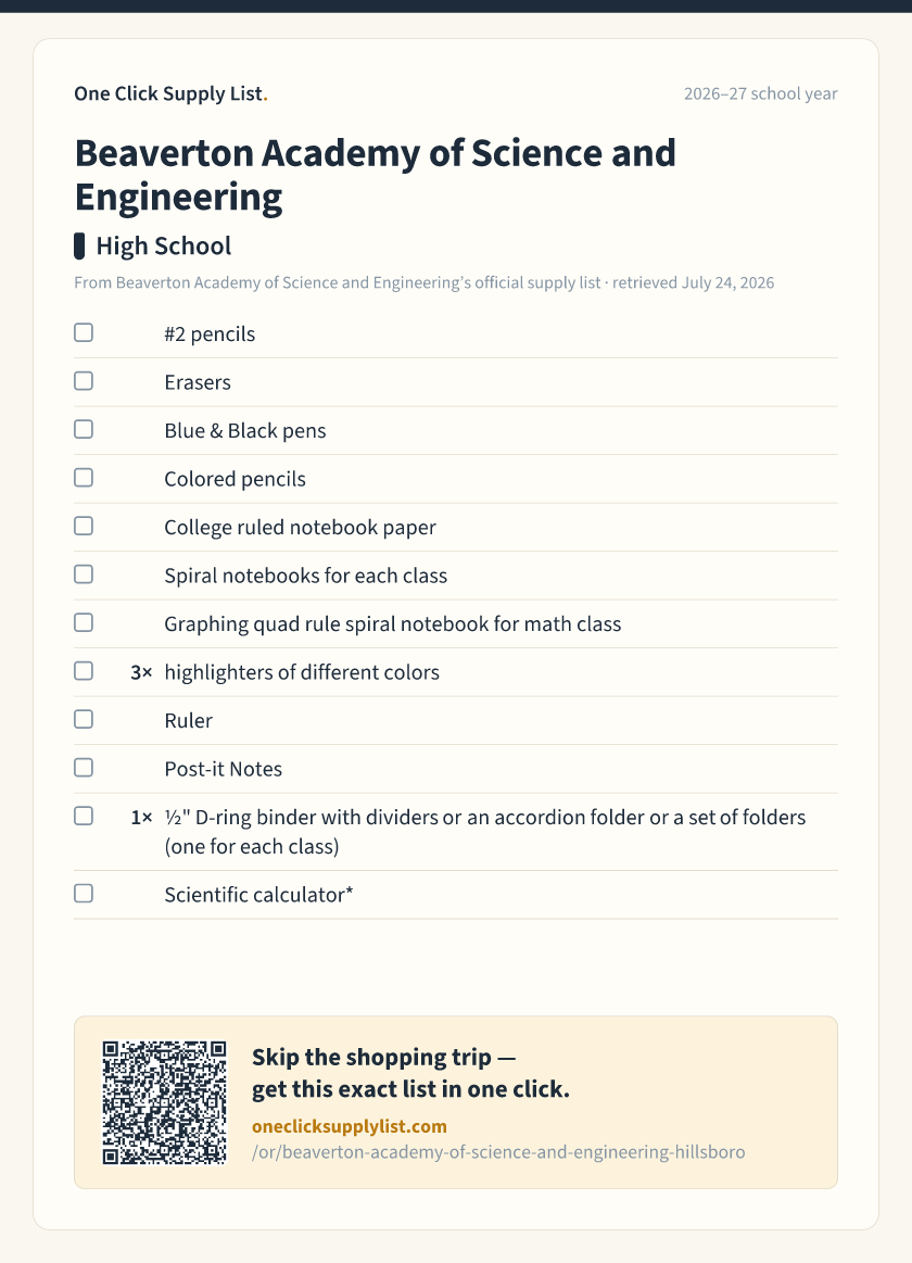 Beaverton Academy of Science and Engineering High School supply list — printable image