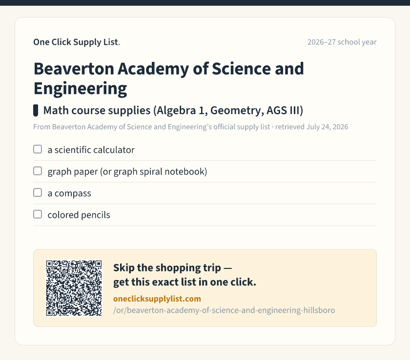 Beaverton Academy of Science and Engineering Math course supplies (Algebra 1, Geometry, AGS III) supply list — printable image