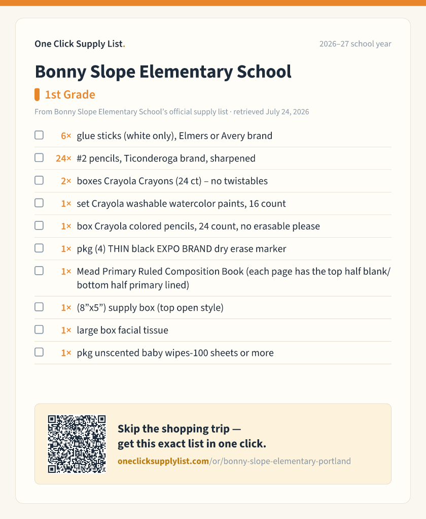 Bonny Slope Elementary School 1st Grade supply list — printable image