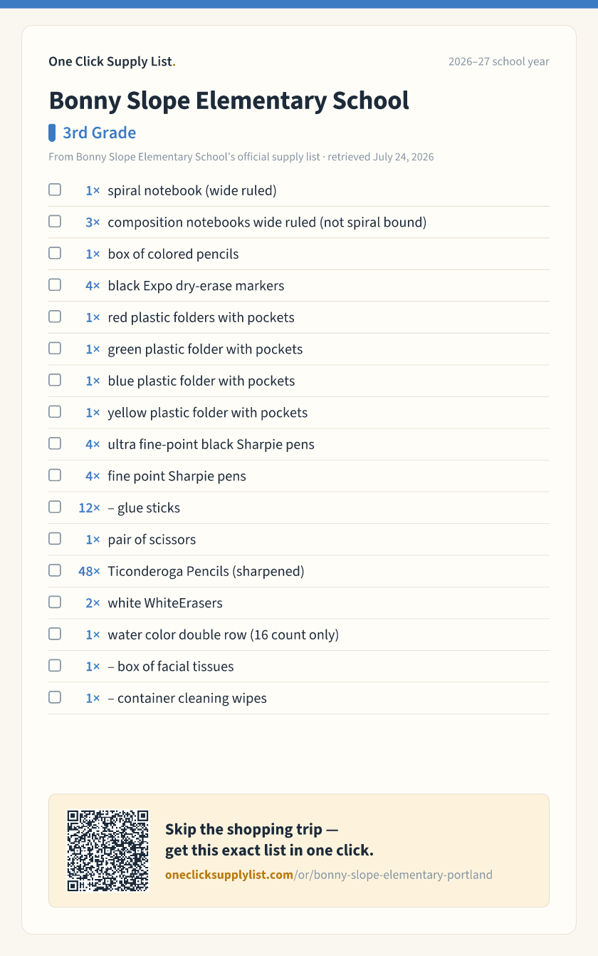 Bonny Slope Elementary School 3rd Grade supply list — printable image