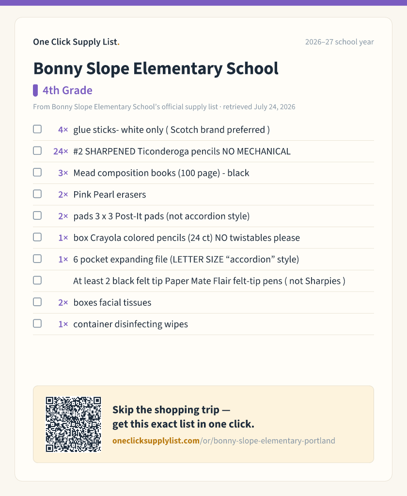Bonny Slope Elementary School 4th Grade supply list — printable image