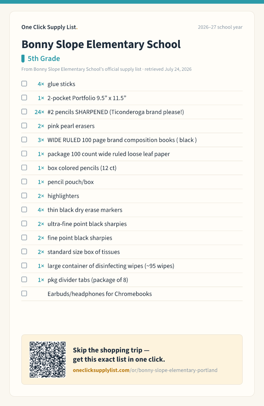 Bonny Slope Elementary School 5th Grade supply list — printable image
