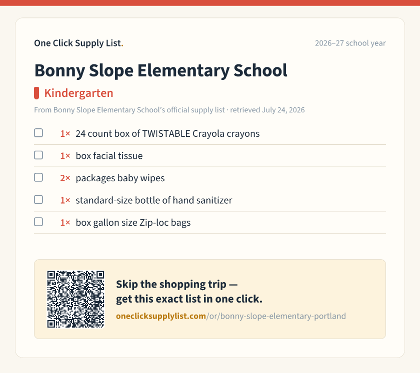 Bonny Slope Elementary School Kindergarten supply list — printable image