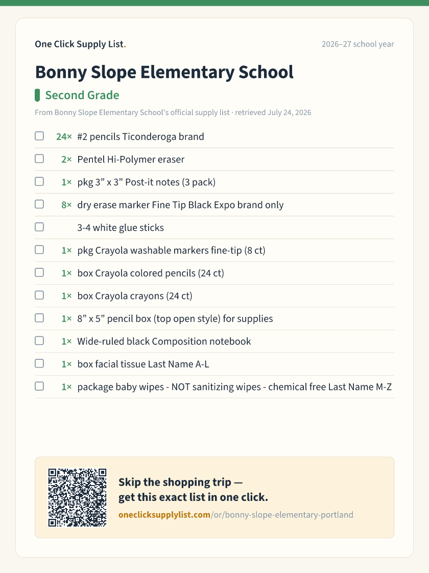 Bonny Slope Elementary School Second Grade supply list — printable image