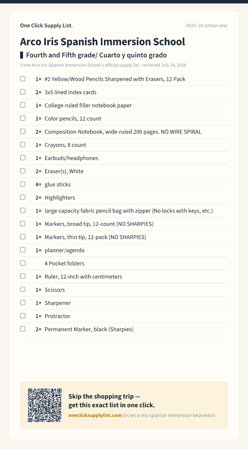 Arco Iris Spanish Immersion School Fourth and Fifth grade/ Cuarto y quinto grado supply list — printable image
