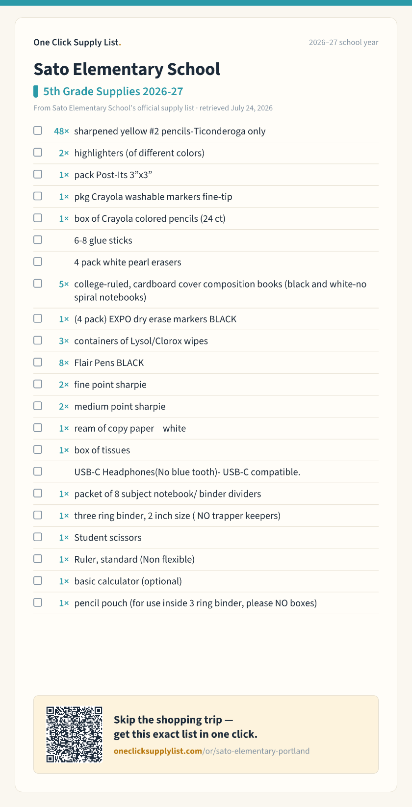 Sato Elementary School 5th Grade Supplies 2026-27 supply list — printable image