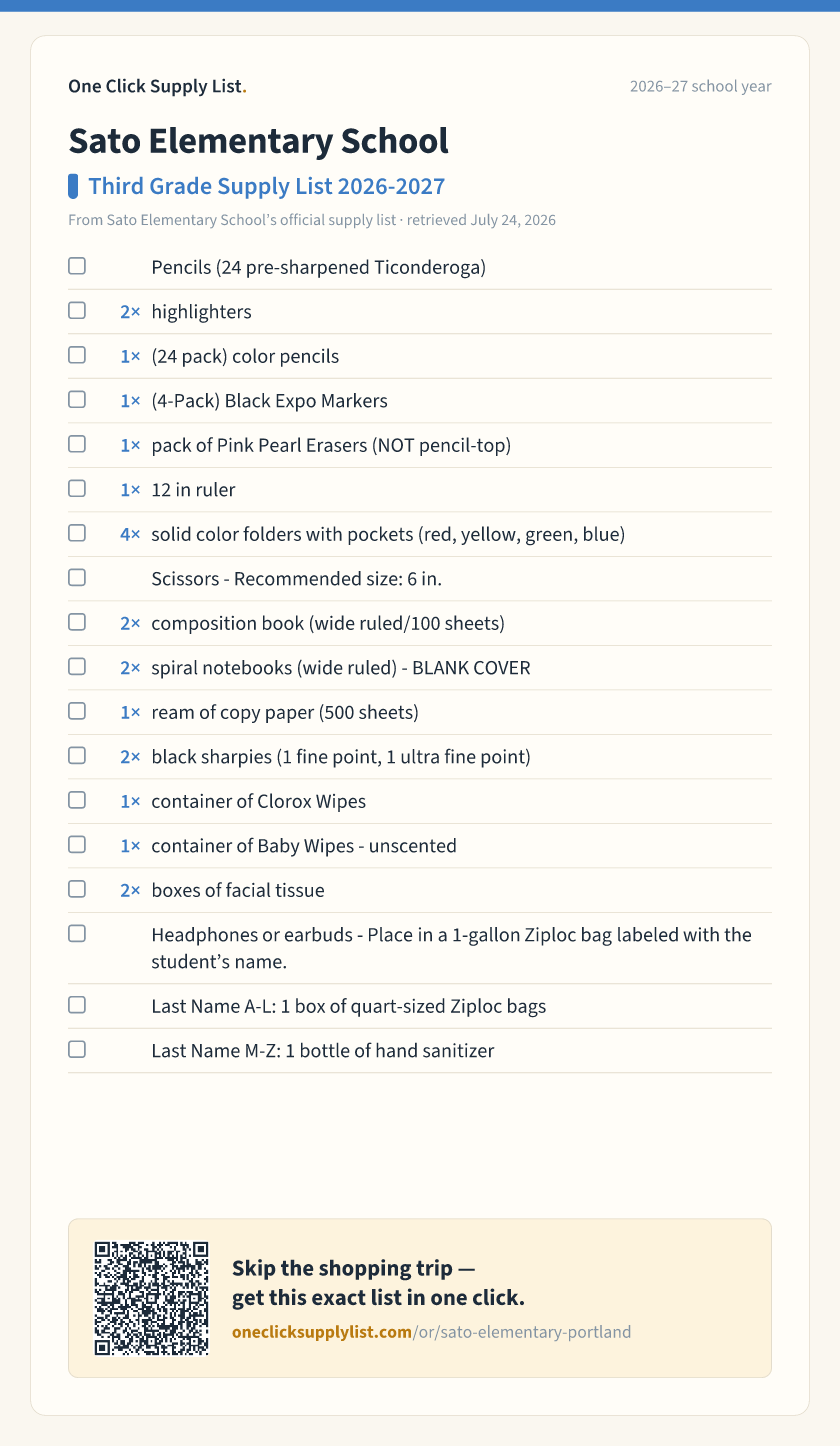 Sato Elementary School Third Grade Supply List 2026-2027 supply list — printable image