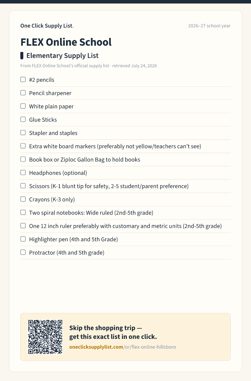 FLEX Online School Elementary Supply List supply list — printable image