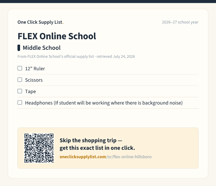 FLEX Online School Middle School supply list — printable image