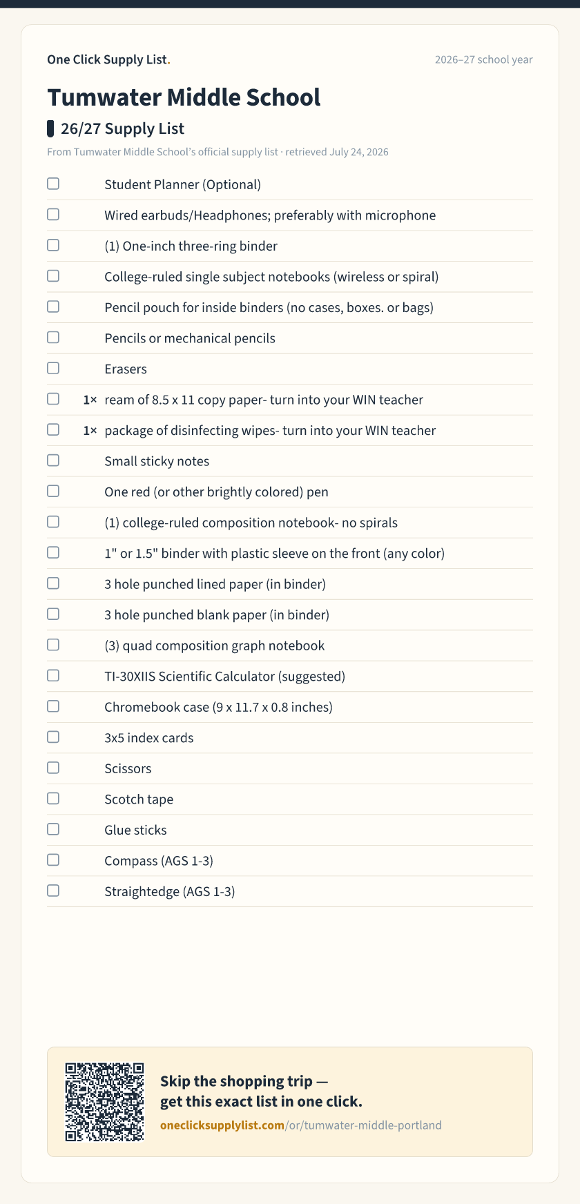 Tumwater Middle School 26/27 Supply List supply list — printable image