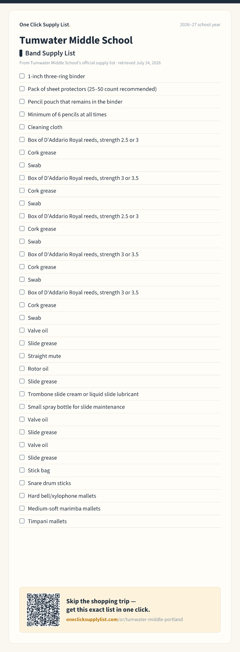Tumwater Middle School Band Supply List supply list — printable image
