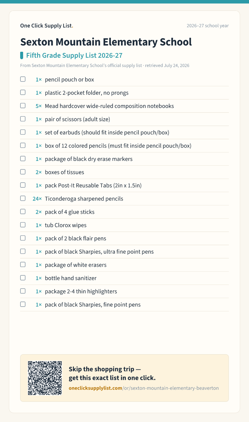 Sexton Mountain Elementary School Fifth Grade Supply List 2026-27 supply list — printable image