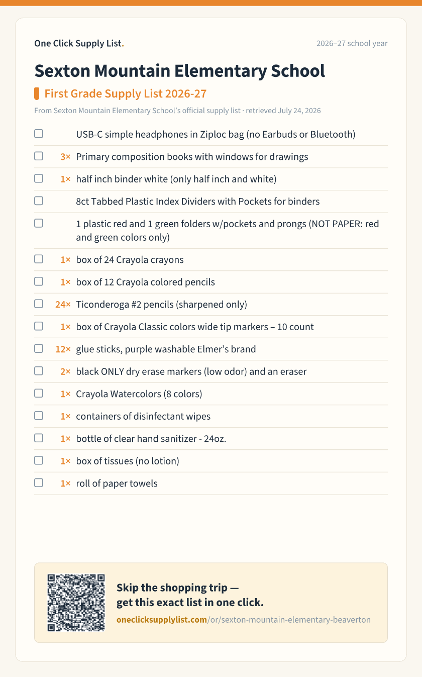 Sexton Mountain Elementary School First Grade Supply List 2026-27 supply list — printable image