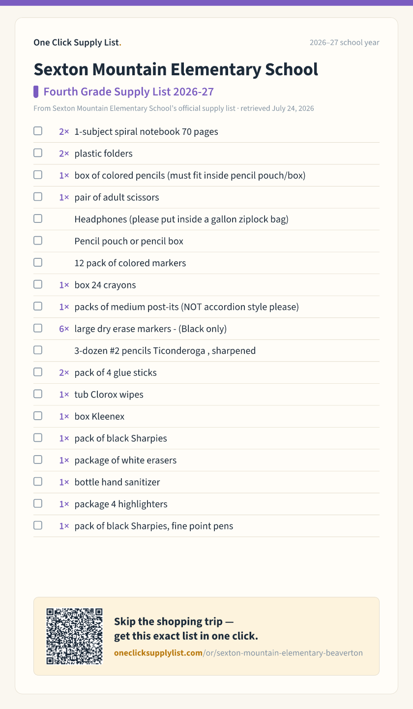 Sexton Mountain Elementary School Fourth Grade Supply List 2026-27 supply list — printable image