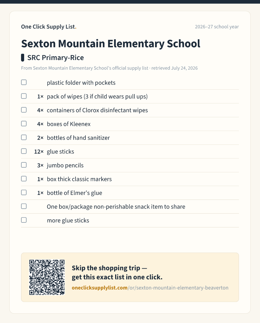Sexton Mountain Elementary School SRC Primary-Rice supply list — printable image