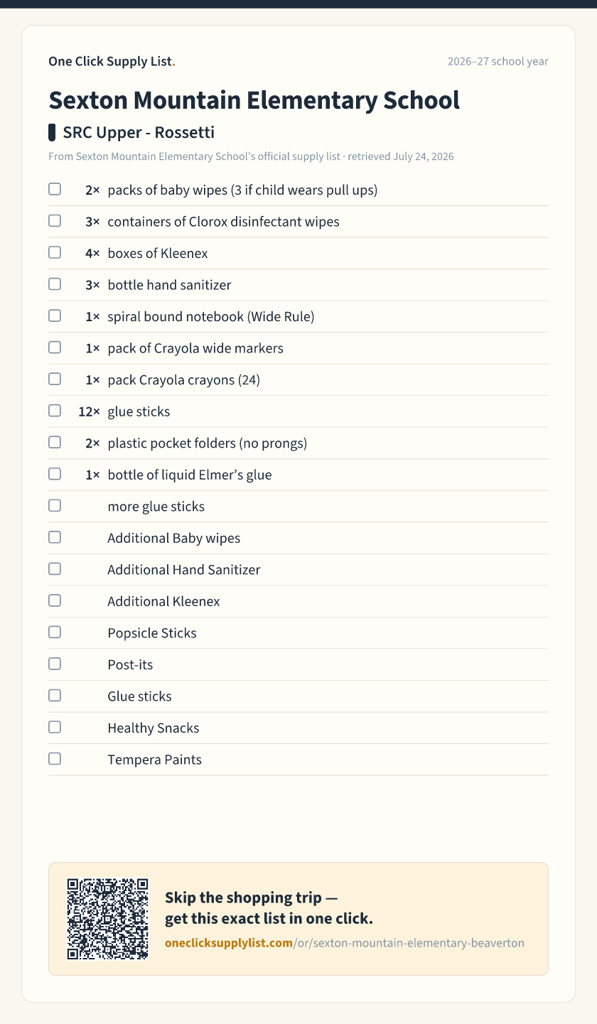 Sexton Mountain Elementary School SRC Upper - Rossetti supply list — printable image
