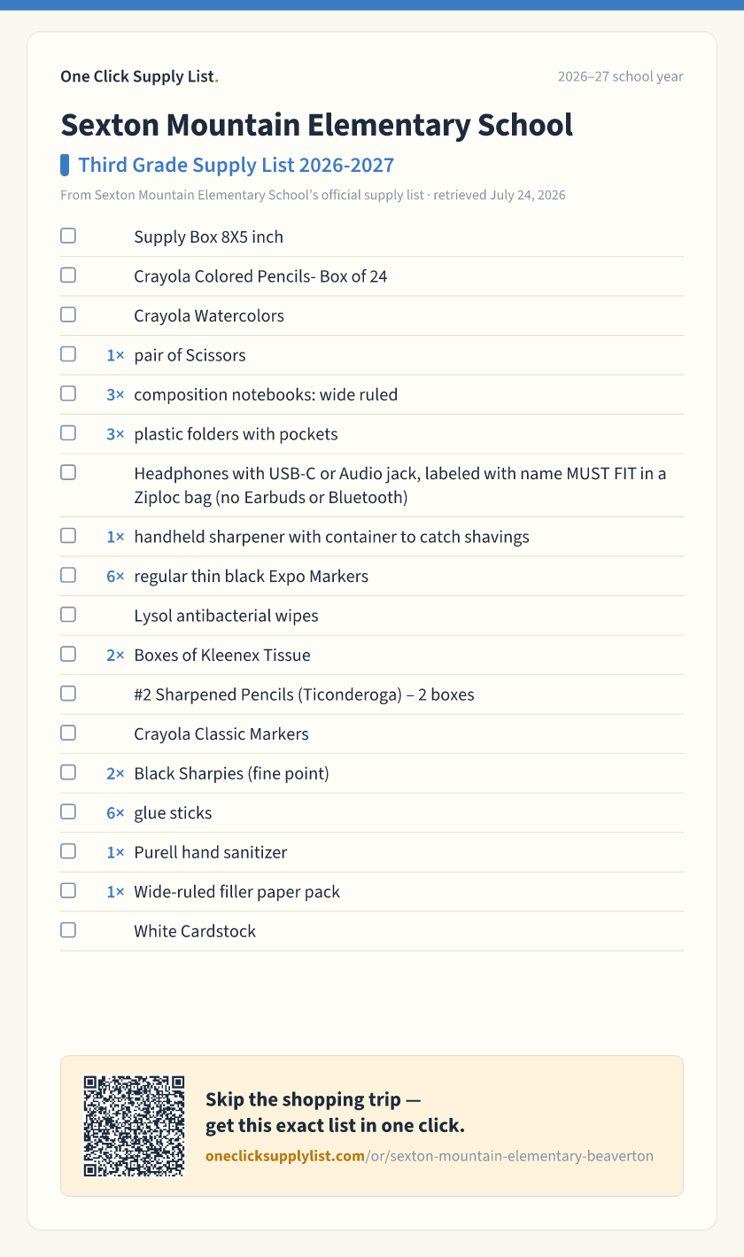 Sexton Mountain Elementary School Third Grade Supply List 2026-2027 supply list — printable image