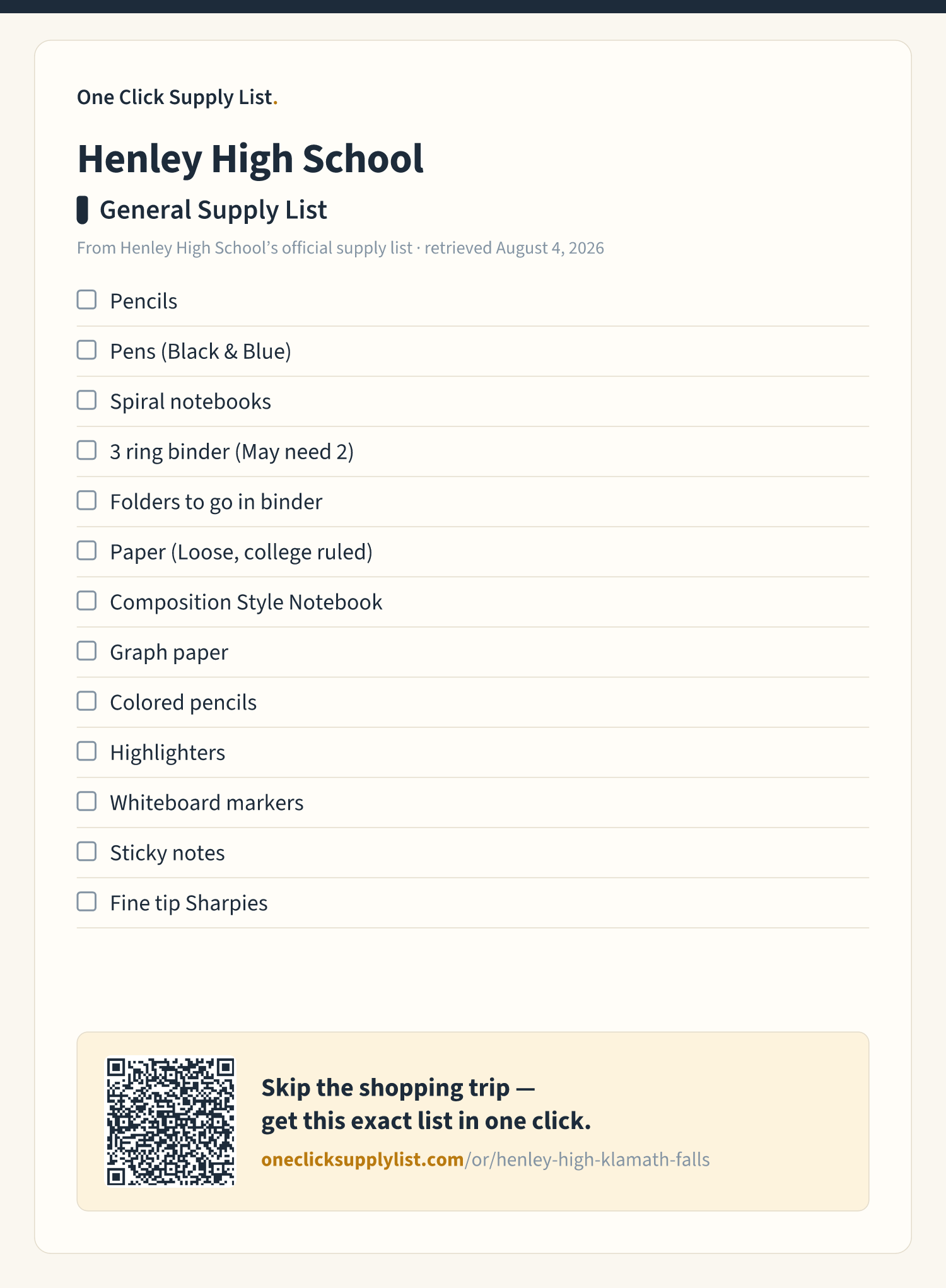 Henley High School General Supply List supply list — printable image
