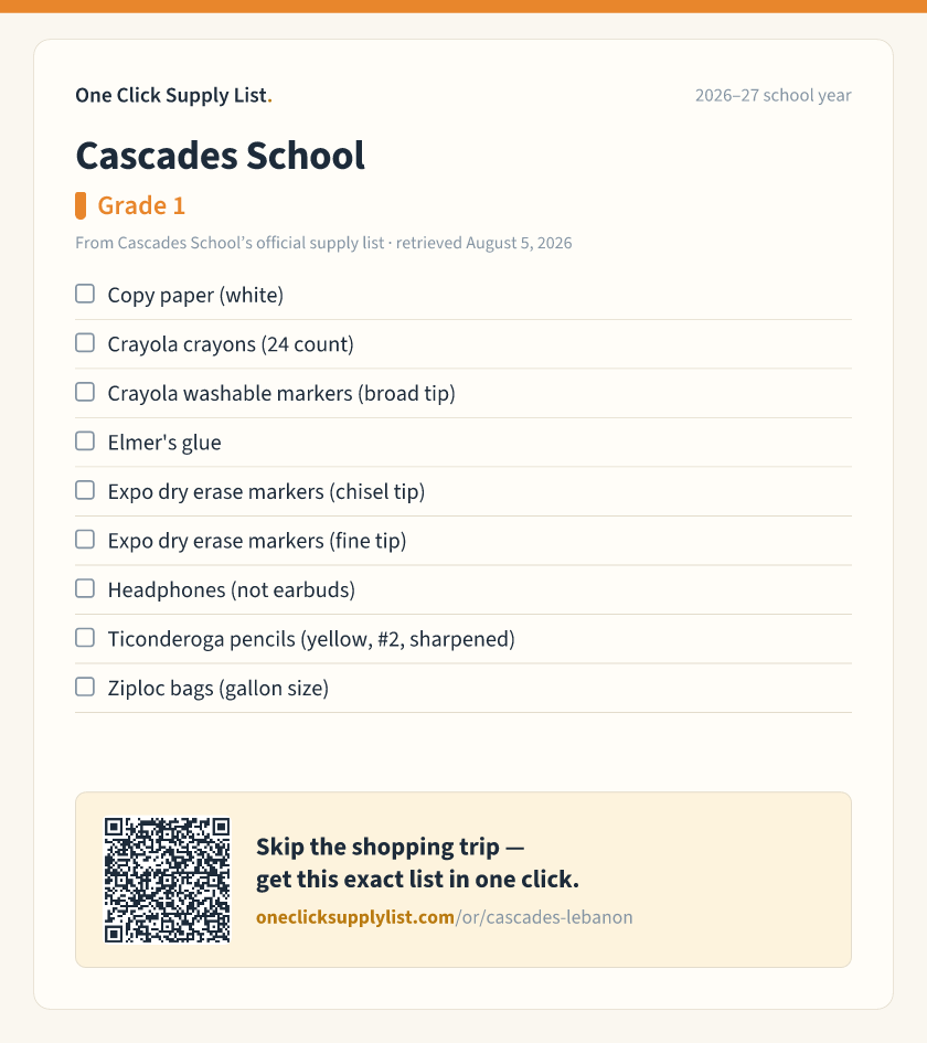Cascades School Grade 1 supply list — printable image