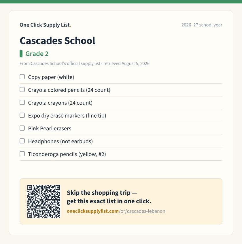 Cascades School Grade 2 supply list — printable image