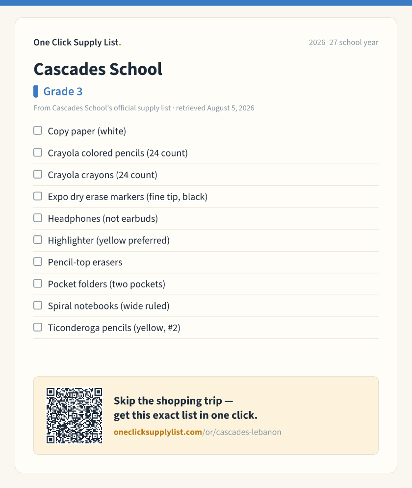 Cascades School Grade 3 supply list — printable image