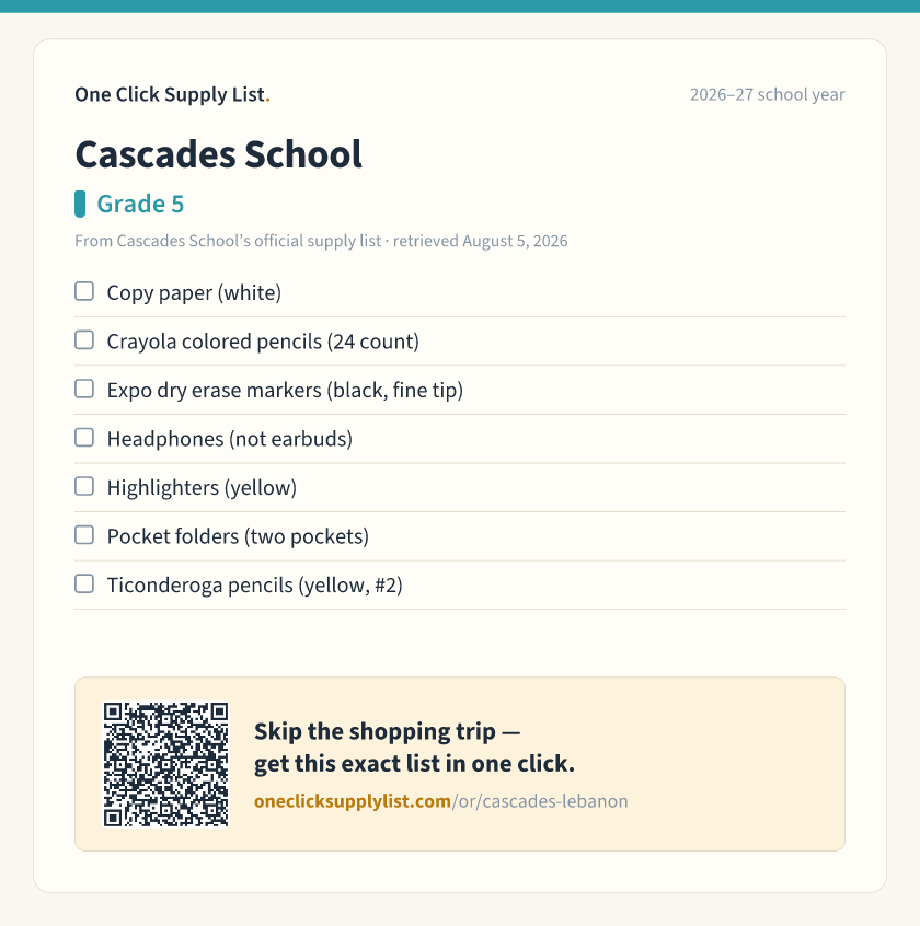 Cascades School Grade 5 supply list — printable image