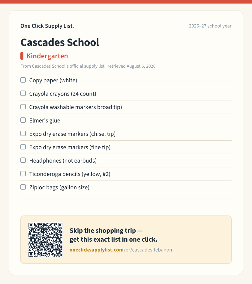 Cascades School Kindergarten supply list — printable image