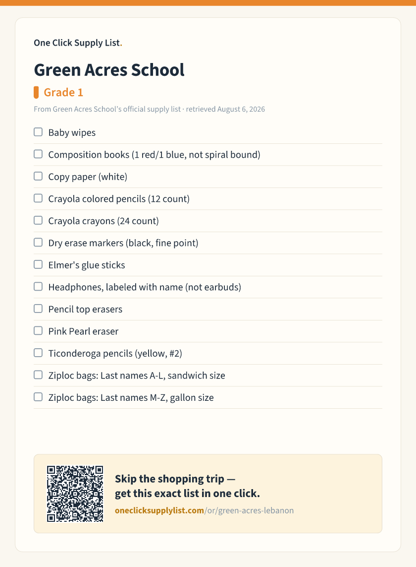 Green Acres School Grade 1 supply list — printable image