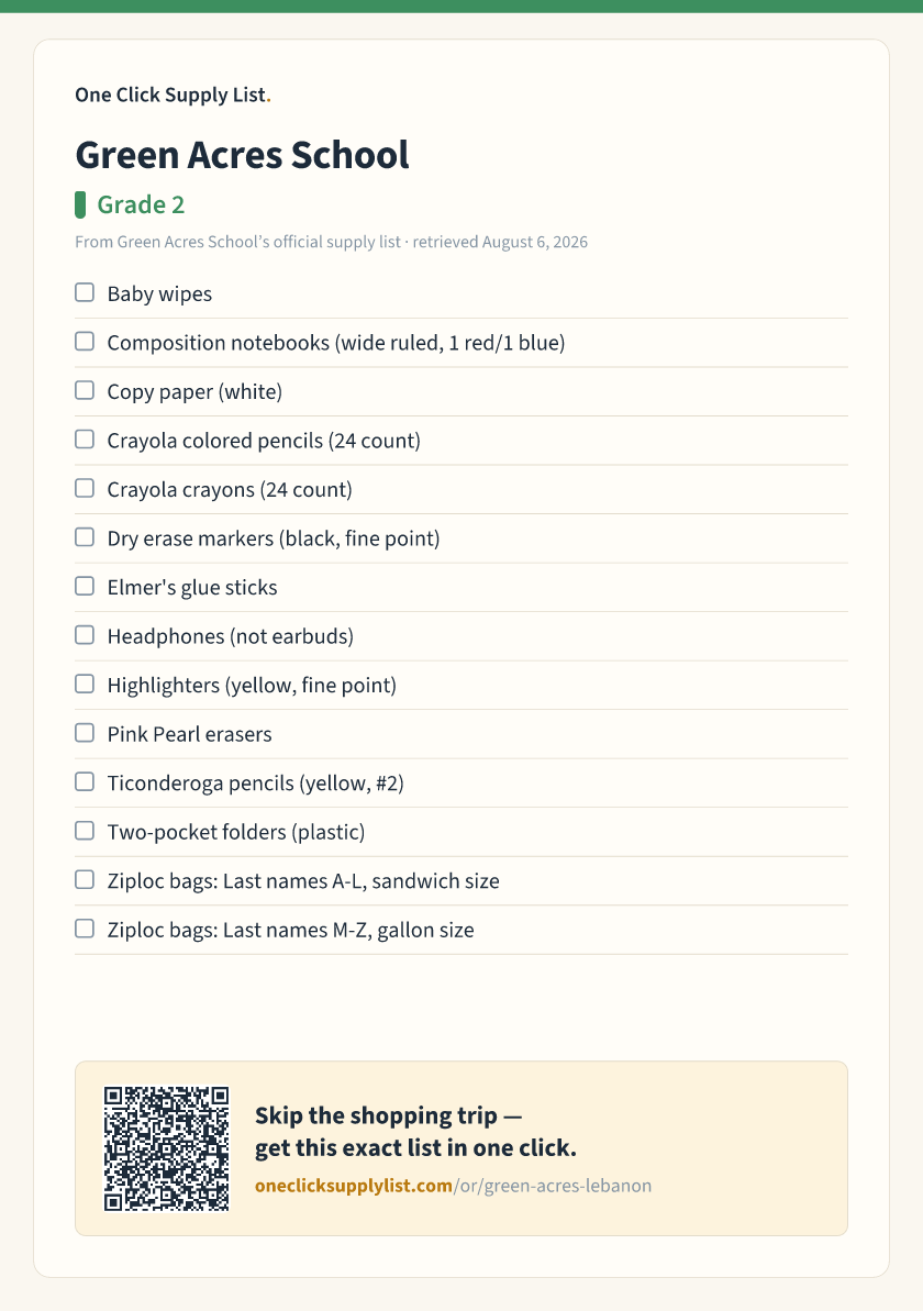 Green Acres School Grade 2 supply list — printable image